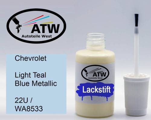 Chevrolet, Light Teal Blue Metallic, 22U / WA8533: 20ml Lackstift, von ATW Autoteile West.